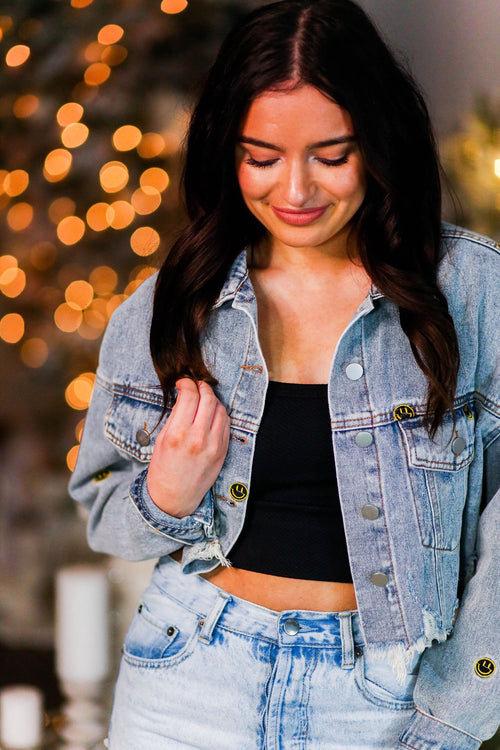 Smiley Face Cropped Denim Jacket