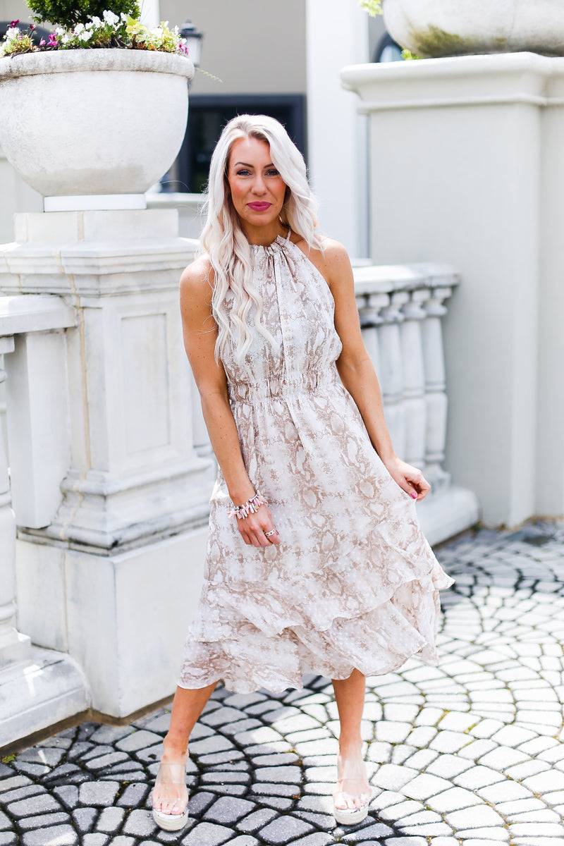 Snakeskin Swiss Dot Midi Ruffle Dress - Kendry Collection Boutique
