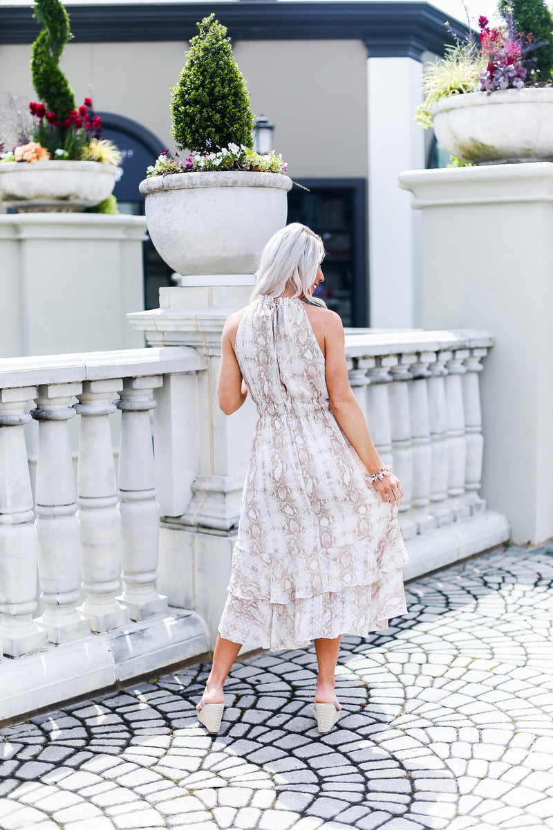 Snakeskin Swiss Dot Midi Ruffle Dress - Kendry Collection Boutique