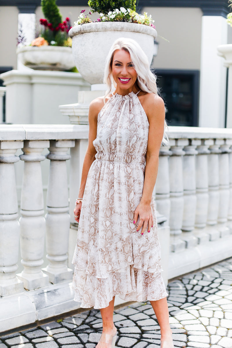 Snakeskin Swiss Dot Midi Ruffle Dress - Kendry Collection Boutique