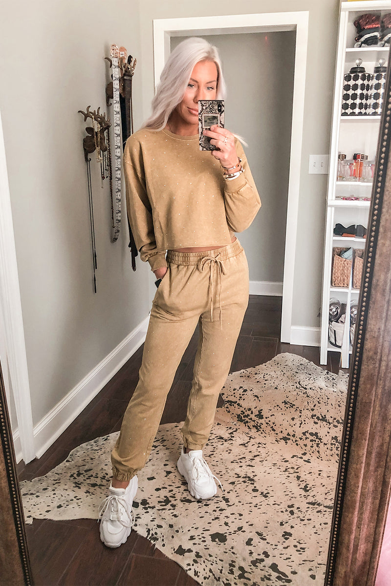 Tan Rhinestone Two Piece Jogger Set - Kendry Collection Boutique