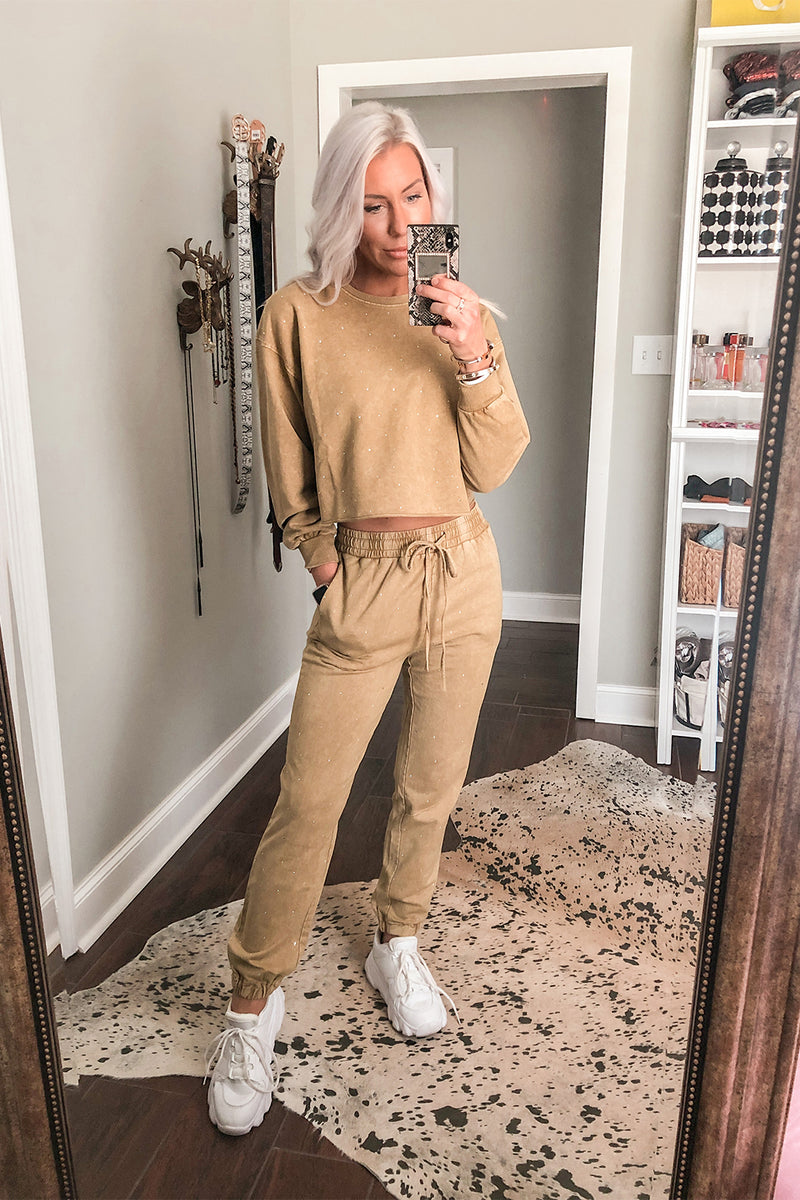 Tan Rhinestone Two Piece Jogger Set - Kendry Collection Boutique