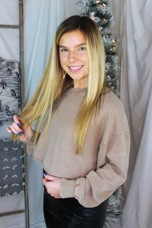 Tan Cropped Mineral Wash Pullover - Shop Kendry Collection Boutique