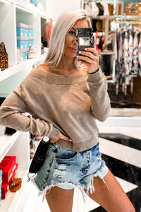 Tan Off The Shoulder Mineral Wash Pullover - Shop Cute Loungewear Online At Kendry Collection Boutique