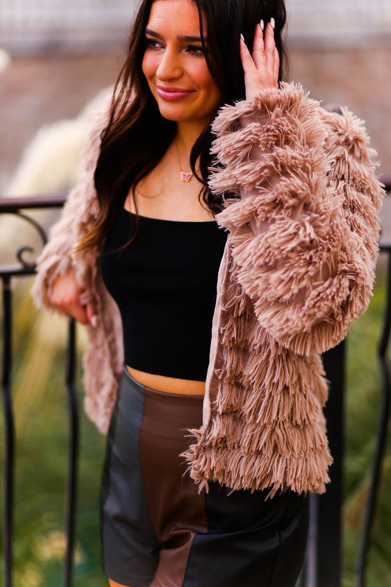 Taupe Bell Sleeve Furry Crop Jacket - Shop Kendry Collection Boutique