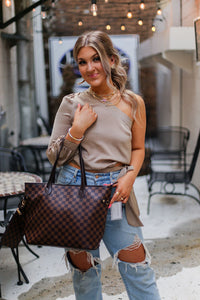 Taupe Silk One Shoulder Tie Blouse - Shop Kendry Collection Boutique
