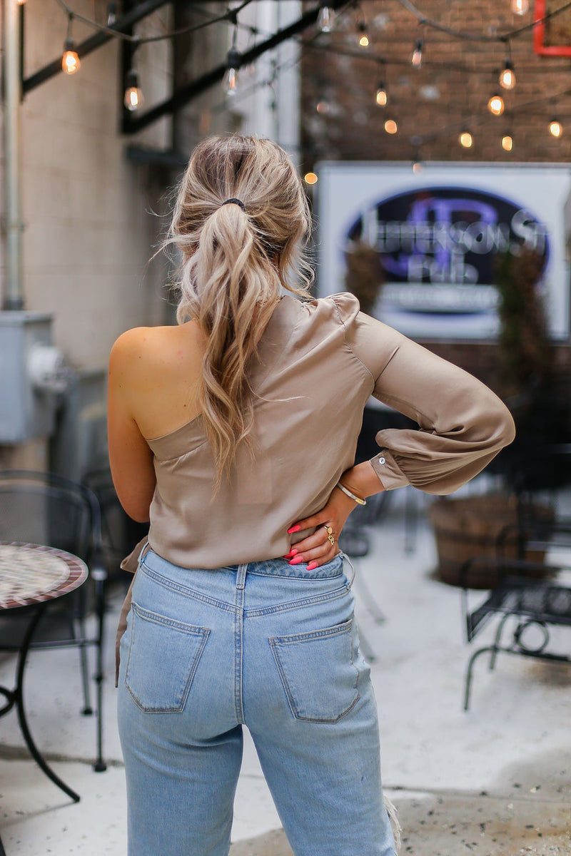 Taupe Silk One Shoulder Tie Blouse - Shop Kendry Collection Boutique