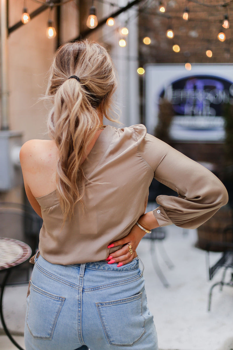 Taupe Silk One Shoulder Tie Blouse - Shop Kendry Collection Boutique