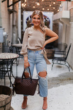 Taupe Silk One Shoulder Tie Blouse - Shop Kendry Collection Boutique