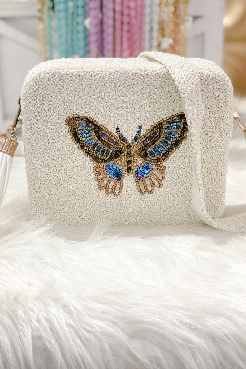 Tiana Designs Beaded Box Purse - Ivory and Blue Butterfly - Kendry Collection Boutique