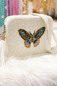 Tiana Designs Beaded Box Purse - Ivory and Blue Butterfly - Kendry Collection Boutique