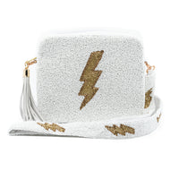 Tiana Designs Beaded Box Purse - Ivory and Gold Lightning Bolt