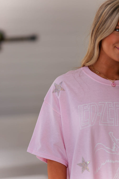 Trendy Led Zeppelin band tee with rhinestone stars. Baby Pink Rhinestone Star Band Tee - Shop Kendry Collection Boutique