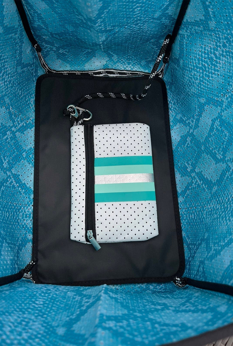 White And Teal Stripe Neoprene Tote Bag - Shop Kendry Collection