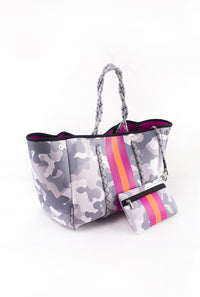 White Camo And Pink Stripe Neoprene Tote Bag