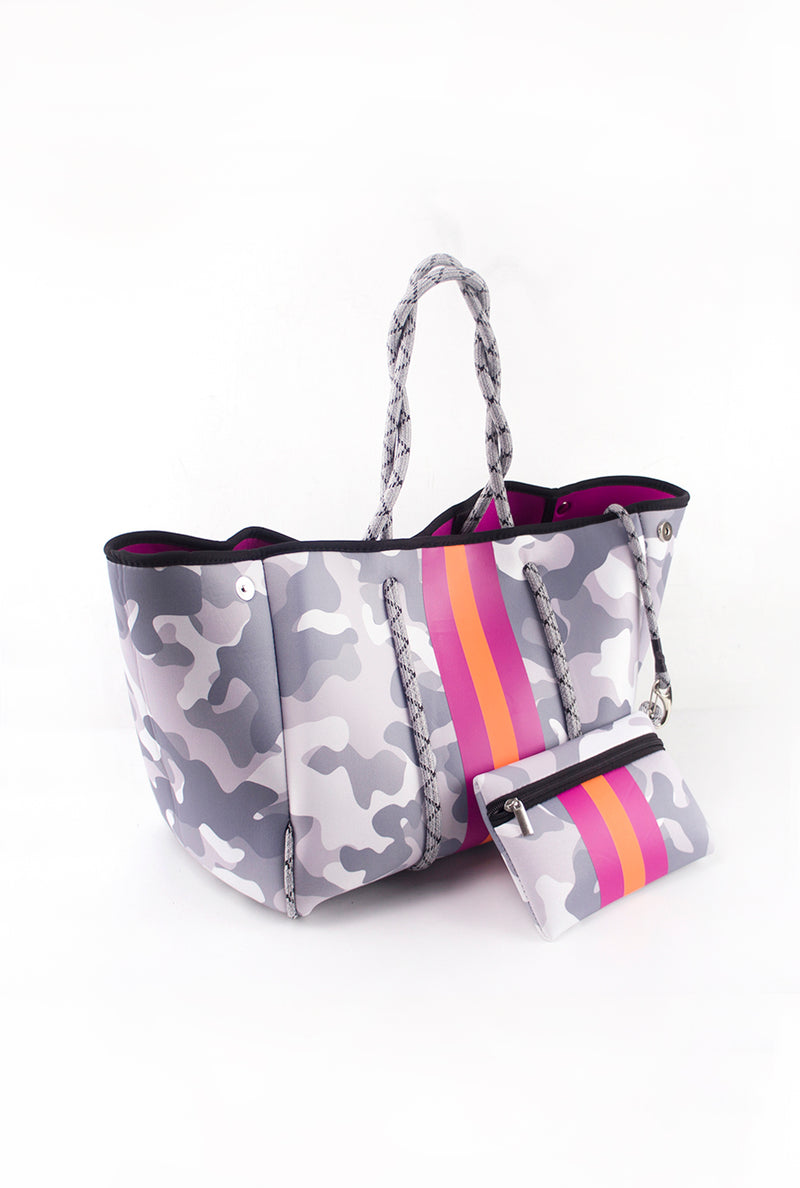 White Camo And Pink Stripe Neoprene Tote Bag