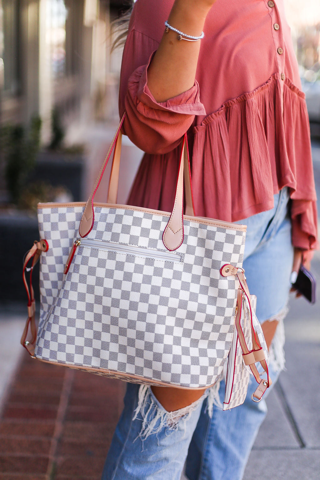 White Checkered Pattern Tote Bag - Shop Kendry Collection Boutique