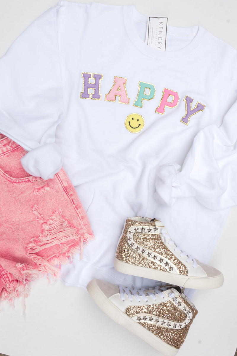 Pink Happy Letter Patch Crewneck - Shop Kendry Collection Boutique
