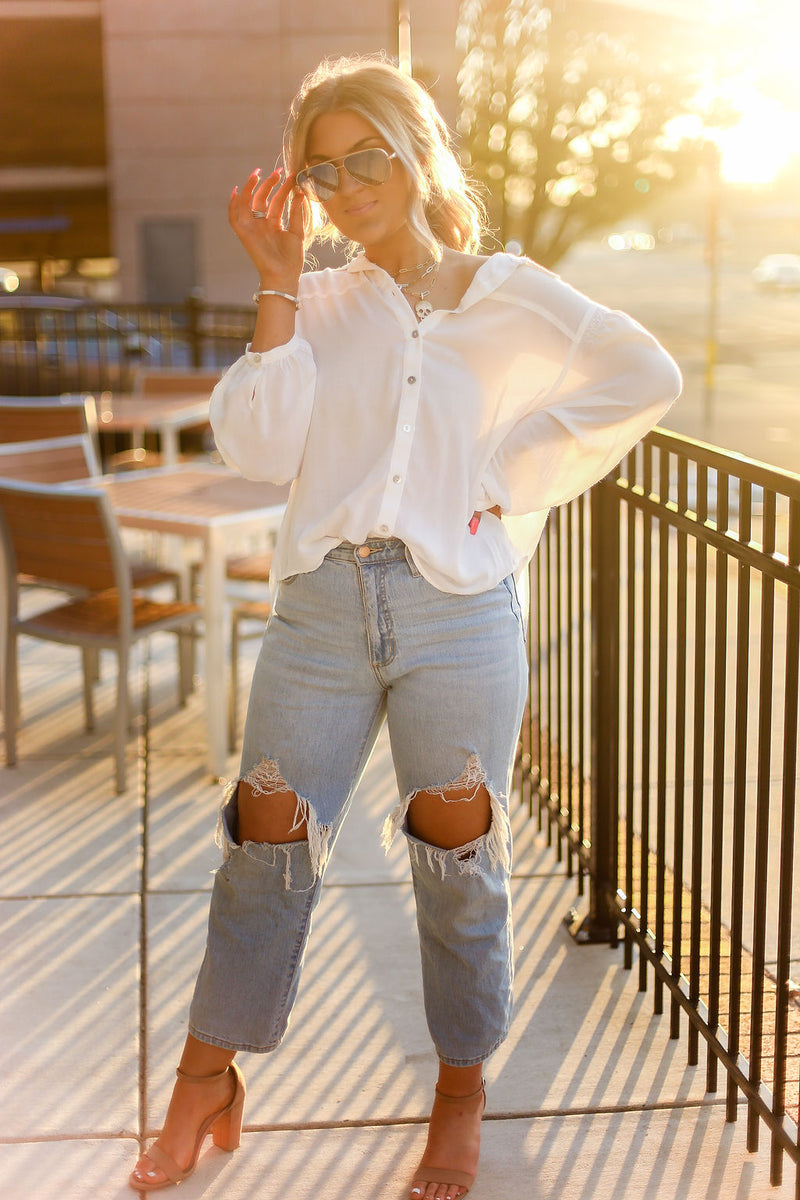 White Long Sleeve Button Down Top