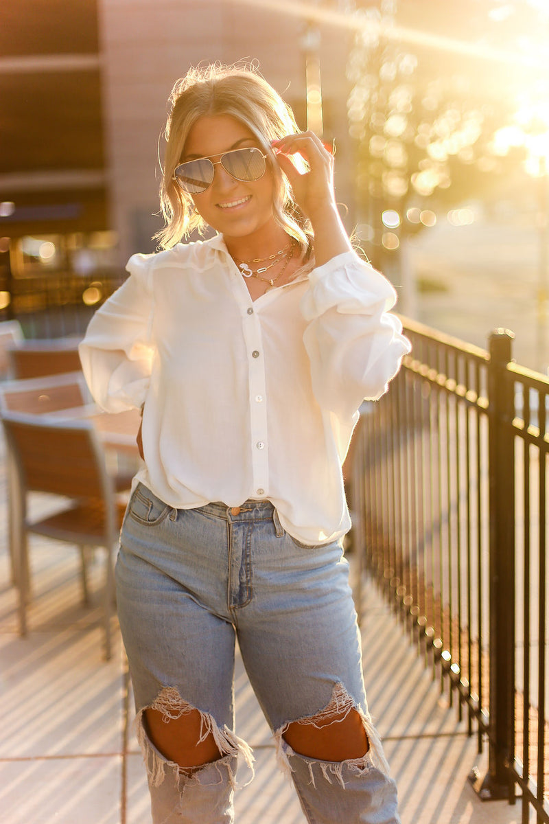 White Long Sleeve Button Down Top