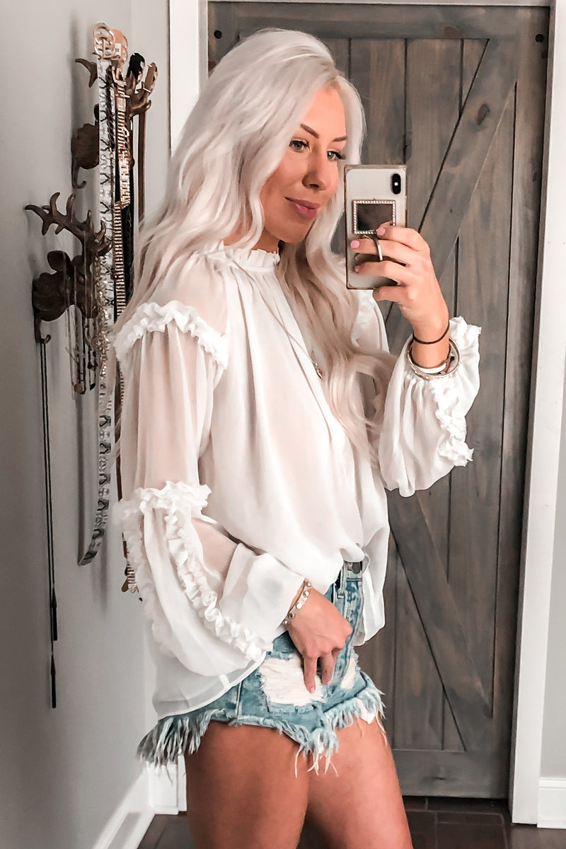 White Long Sleeve Sheer Ruffle Blouse - Kendry Collection Boutique
