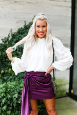Purple Silky Front Tie Ruched Mini Skirt