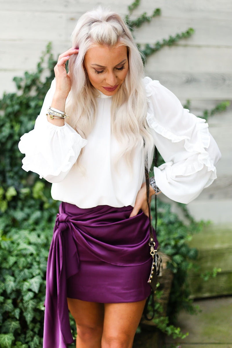 Purple Silky Front Tie Ruched Mini Skirt