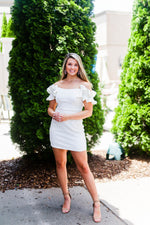 White Ruffle Off The Shoulder Mini Dress - Cute Bridal Shower Dresses- Kendry Collection Boutique