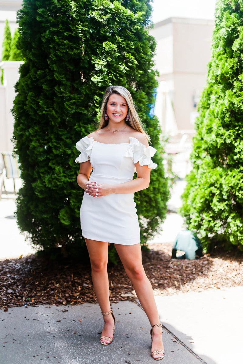 White Ruffle Off The Shoulder Mini Dress - Cute Bridal Shower Dresses- Kendry Collection Boutique