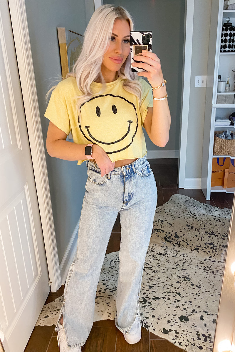 Yellow Cropped Smiley Face Graphic Tee - Shop Kendry Collection Boutique