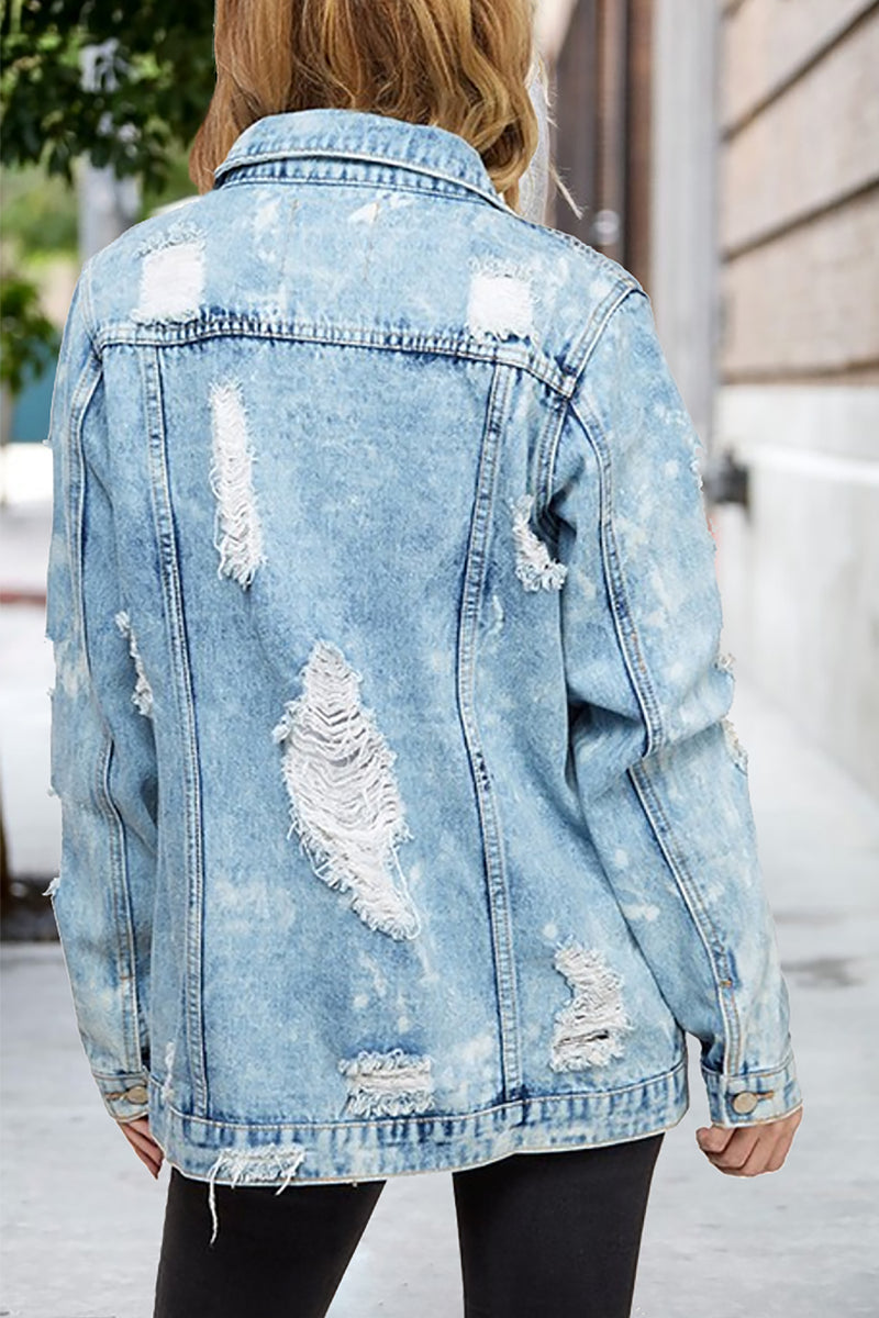 Shredded Denim Jacket, Distressed Denim Jacket, Blue Jean Jacket, Denim Outerwear, Trendy Denim Coat, Light Wash Denim Jacket - Shop unique jackets and coats for women online at kendry collection boutique