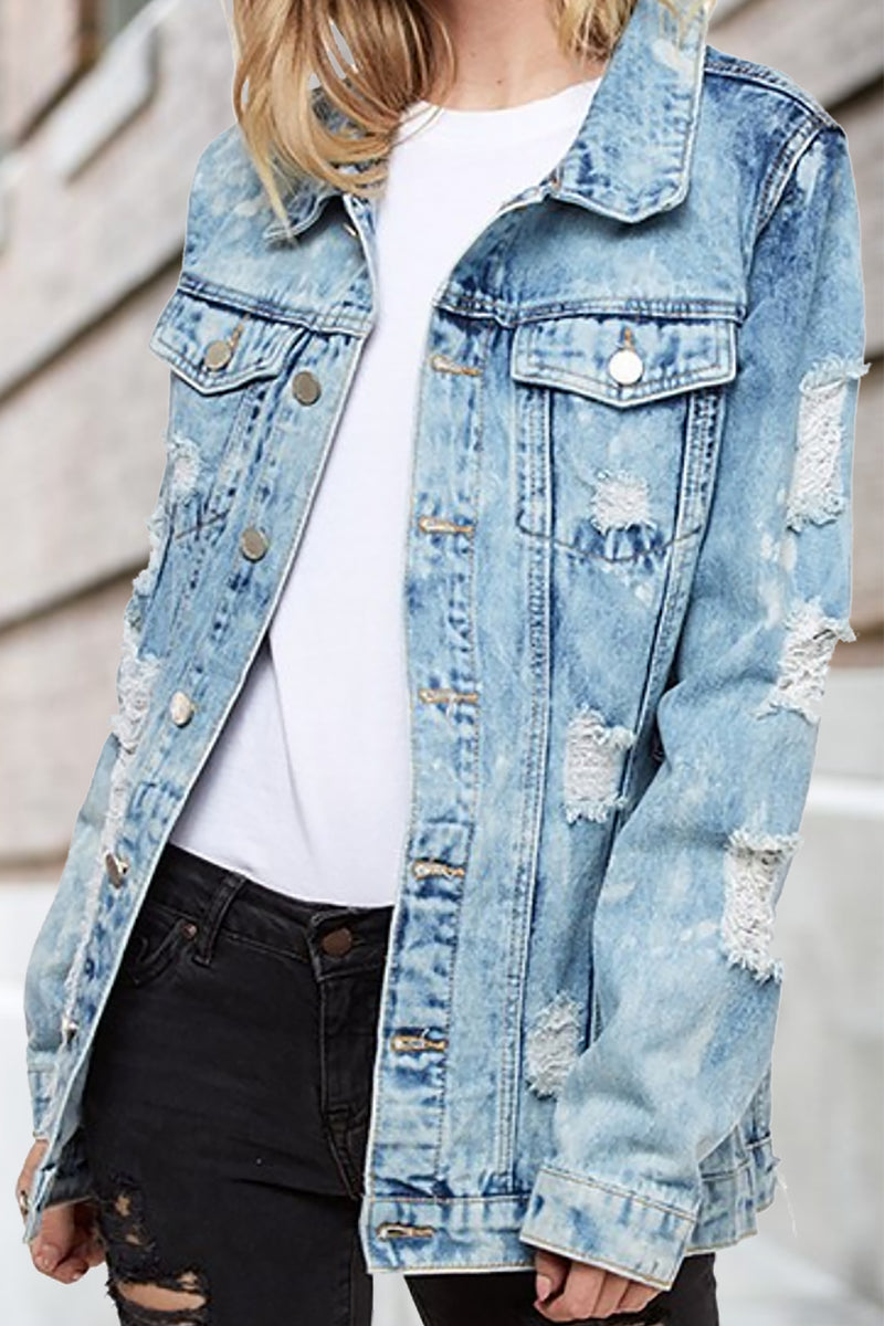 Women Casual Classic Denim Jean Jacket Oversize Vintage Distressed Ripped  Denim Outwear Long Sleeve Boyfriend Denim Jacket Coat 