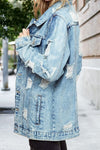 Shredded Denim Jacket, Distressed Denim Jacket, Blue Jean Jacket, Denim Outerwear, Trendy Denim Coat, Light Wash Denim Jacket - Shop unique jackets and coats for women online at kendry collection boutique