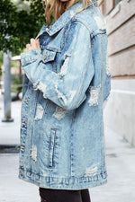Shredded Denim Jacket, Distressed Denim Jacket, Blue Jean Jacket, Denim Outerwear, Trendy Denim Coat, Light Wash Denim Jacket - Shop unique jackets and coats for women online at kendry collection boutique
