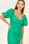 Green Ruched Puff Sleeve Mini Dress