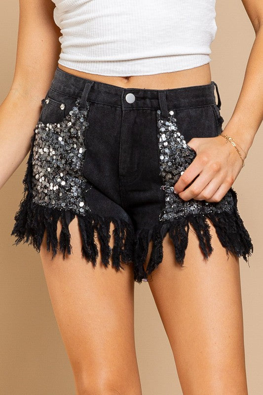 Black Frayed Hem Sequin Detail Denim Shorts