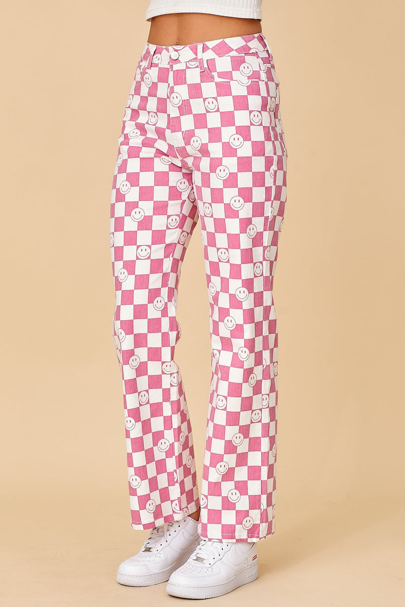 Pink Smiley Checkered Denim Pants