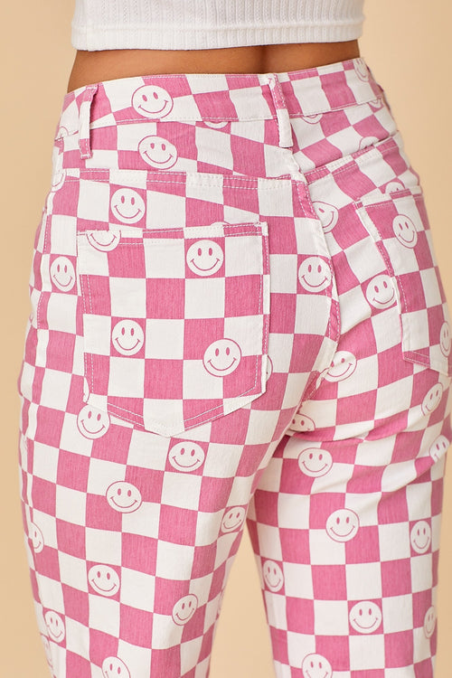 Pink Smiley Checkered Denim Pants