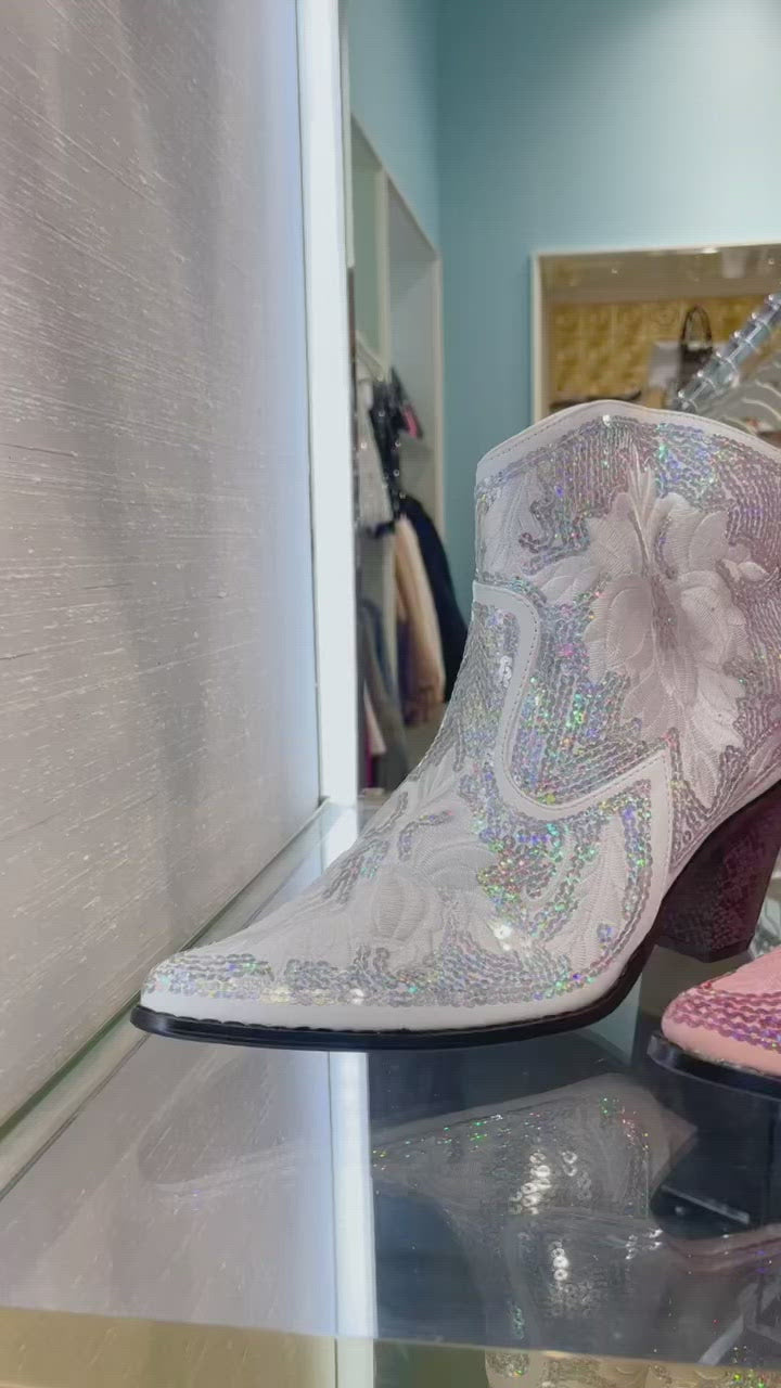 Iconic Babe Pink Sequin Western Ankle Boots