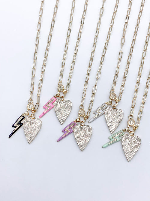 Lauren Kenzie Crystal Heart and Pink Lightning Bolt Necklace