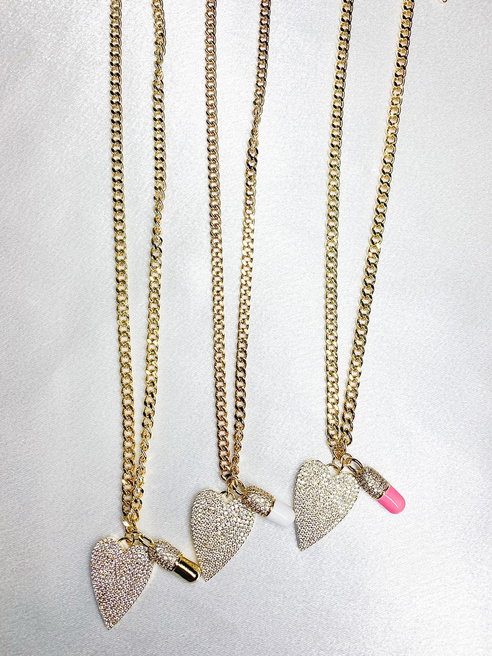 Lauren Kenzie Crystal Heart and Chill Pill Cuban Chain Necklace
