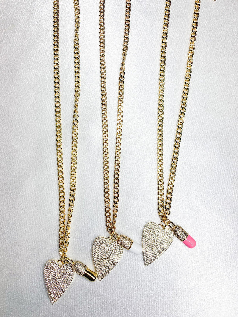 Lauren Kenzie Crystal Heart and Chill Pill Cuban Chain Necklace