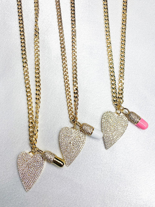 Lauren Kenzie Crystal Heart and Chill Pill Cuban Chain Necklace