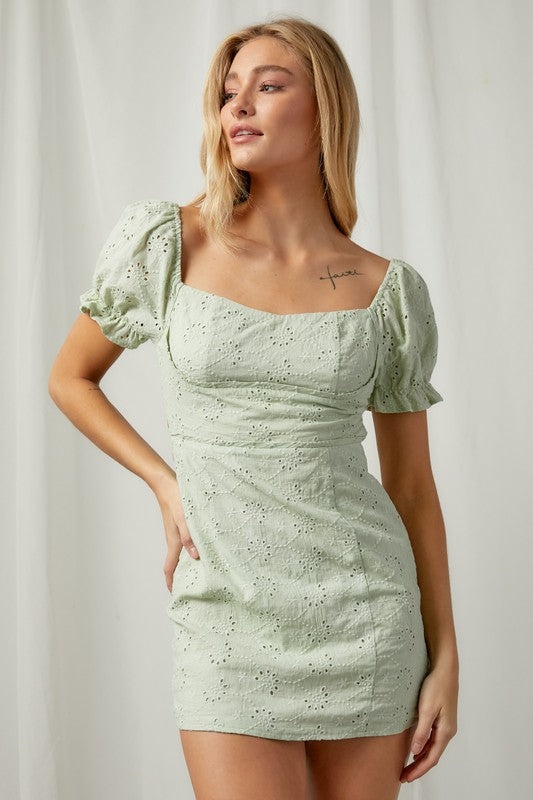 Light Green Open Back Eyelet Mini Dress