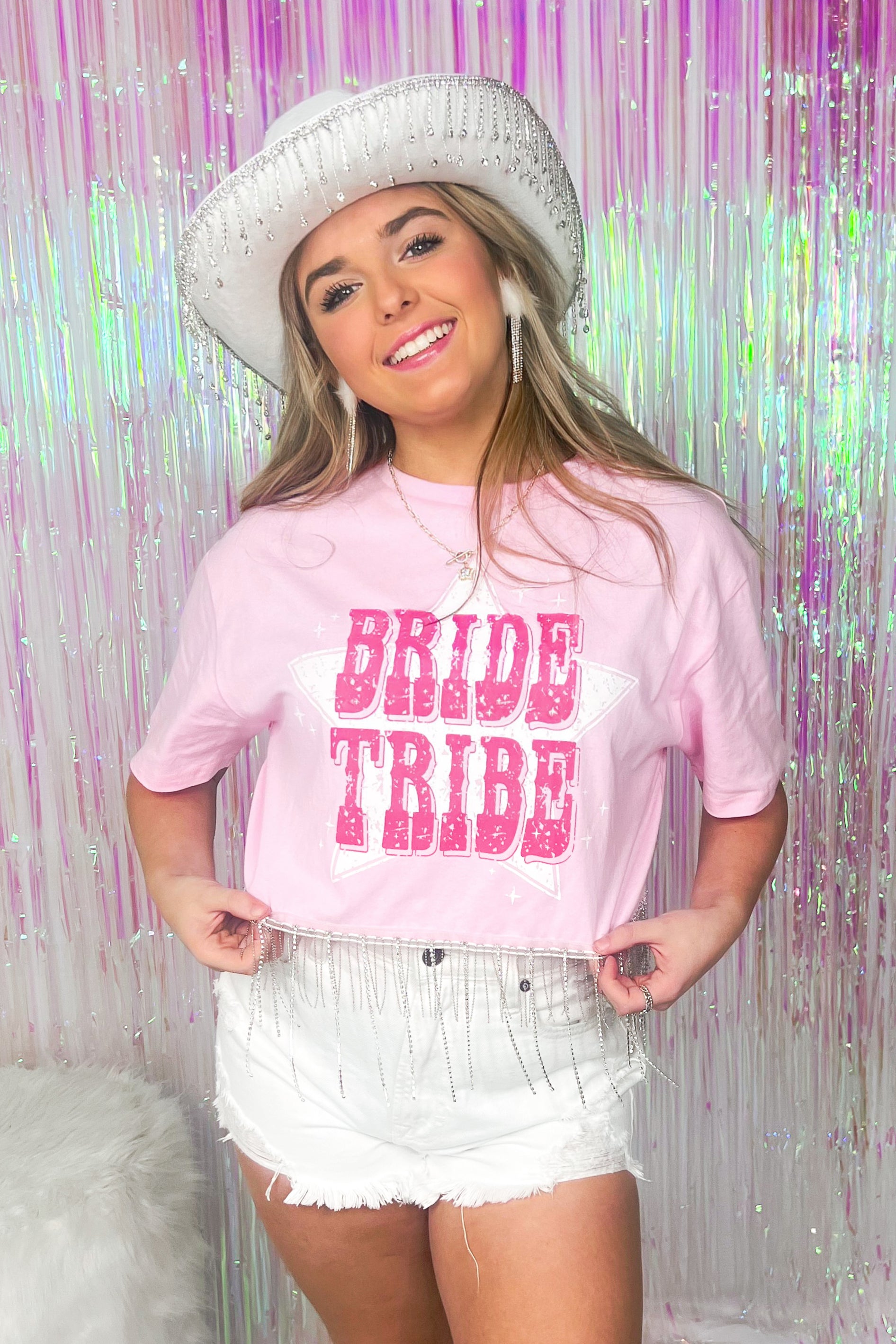 Pink Rhinestone Fringe Bride Tribe Crop Top