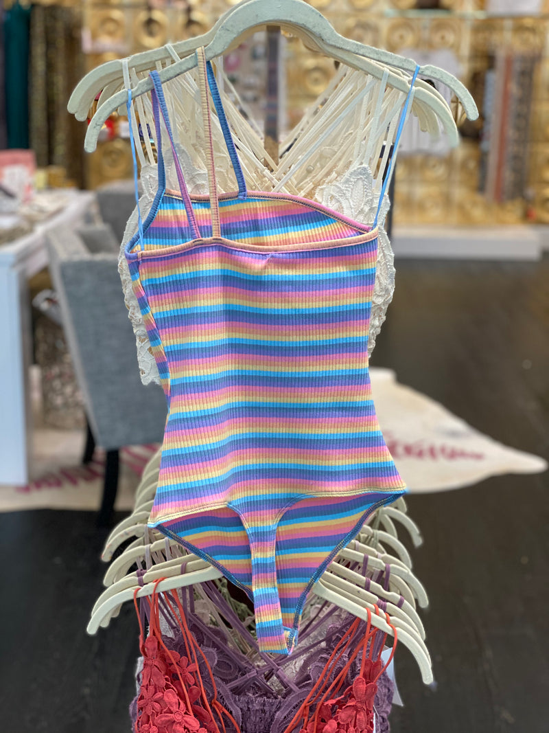 Rainbow Stripe One Shoulder Thong Bodysuit