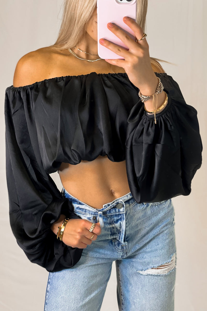 Black Silky Off The Shoulder Bubble Sleeve Top