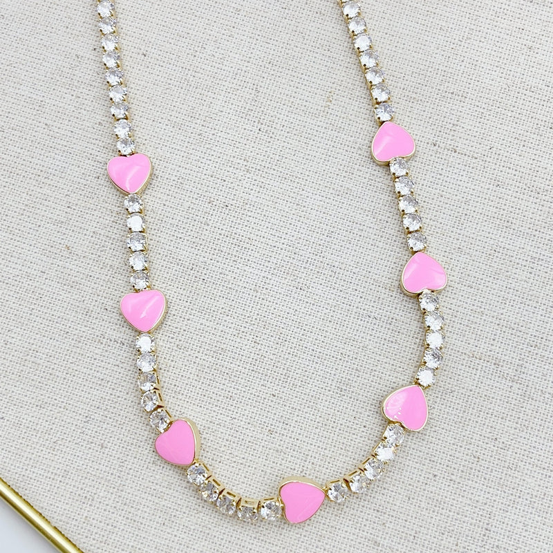 Rhinestone Pink Hearts Necklace