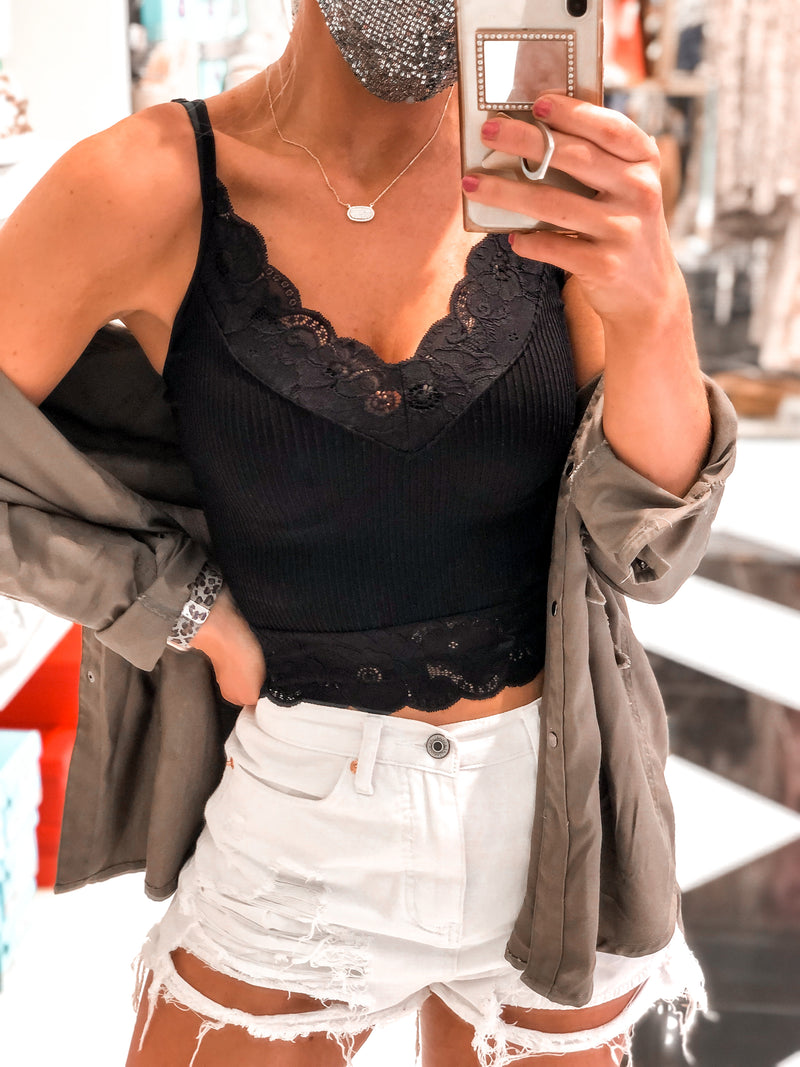 Ribbed Lace Cropped Tank Top