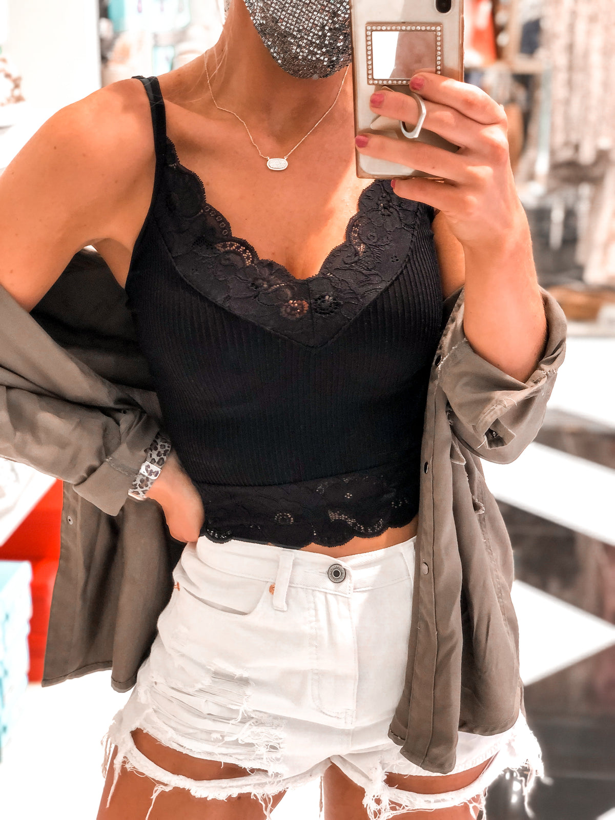 Ribbed Lace Cropped Tank Top